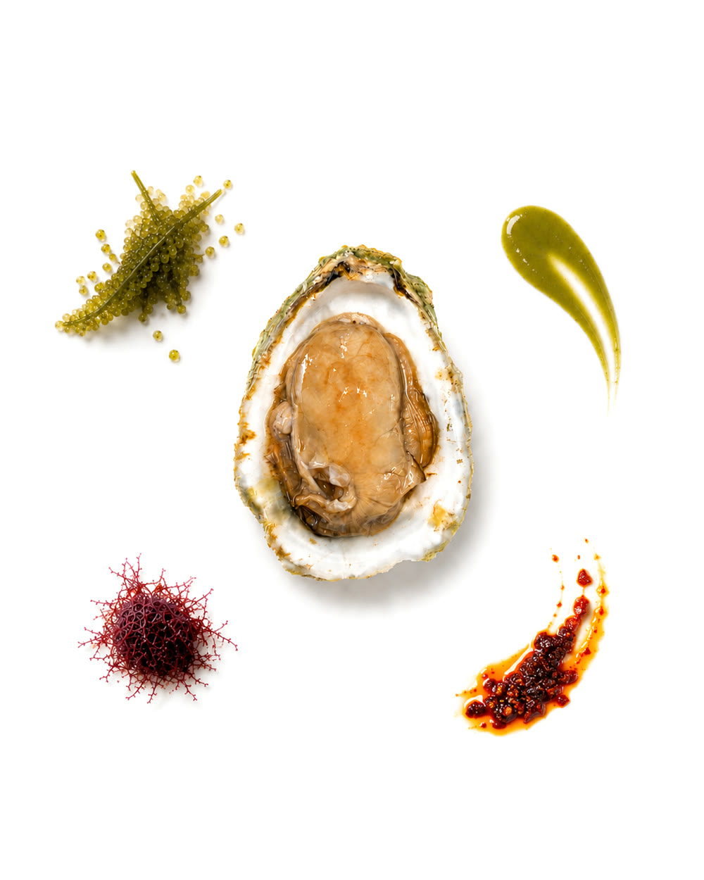 A freshly shucked Malaysian oyster surrounded by latok sea grapes, green chilli sauce, red seaweed and chilli oil
